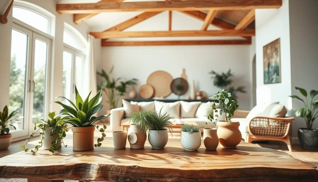 A serene interior design scene showcasing natural elements that create harmony, featuring a cozy living room bathed in bright, soft sunlight. In the foreground, a rustic wooden coffee table adorned with assorted potted plants, including a tall snake plant and trailing ivy, adds a touch of greenery. The middle of the room features a large, comfortable sofa with neutral-toned cushions, paired with minimalist wooden decor that complements the organic feel. In the background, large windows allow natural light to pour in, highlighting a wooden beam ceiling and creating an airy, inviting atmosphere. The overall mood is calm and soothing, emphasizing the beauty of nature merging with home decor, captured with a wide-angle lens to convey spaciousness and warmth.