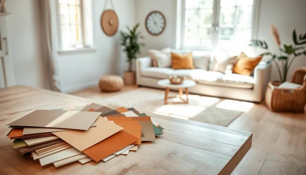 A serene interior scene showcasing a variety of earth-toned color palettes. In the foreground, a beautifully arranged collection of paint swatches in warm browns, soft greens, muted terracotta, and gentle beige, scattered artfully on a light wooden table. The middle ground features a cozy living space with a neutral-toned upholstered sofa adorned with plush cushions in earthy hues. A calming backdrop includes a large window allowing bright, soft natural light to flood the room, casting gentle shadows. The atmosphere is peaceful and inviting, ideal for grounding and relaxation. The image captures a harmonious balance, emphasizing natural textures like wood and soft fabrics, creating a tranquil mood perfect for serene spaces.