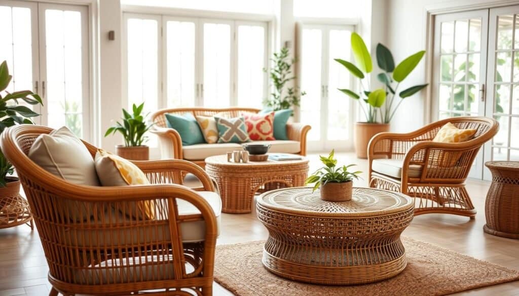 A serene interior space showcasing a collection of elegant rattan and wicker furniture. In the foreground, a beautifully crafted rattan armchair with plush, neutral cushions invites relaxation. A stylish wicker coffee table with intricate patterns sits beside it, adorned with a small potted plant. The middle of the image reveals a cozy seating area, featuring a rattan sofa, accented with colorful throw pillows that create visual rhythm. In the background, large windows let in soft, natural light, illuminating the space with a warm, inviting glow. The room features light wood flooring and subtle greenery, enhancing the atmosphere of comfort and tranquility. The overall mood is airy and well-lit, reflecting a harmonious connection with nature.