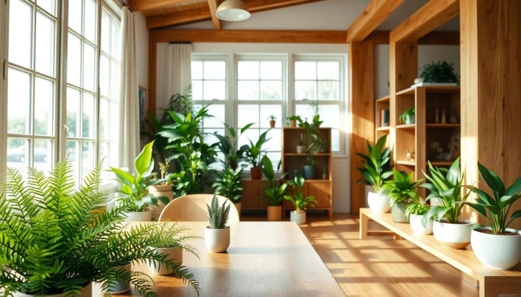 A serene interior space showcasing biophilic design, emphasizing natural materials and vibrant plant life. In the foreground, a wooden dining table adorned with fresh green ferns and small potted plants. The middle section features large windows allowing bright, soft sunlight to pour in, illuminating the room filled with various indoor plants, such as snake plants and peace lilies, nestled in stylish ceramic pots. In the background, natural wood accents, including a bookshelf and ceiling beams, enhance the warm atmosphere. The lighting creates a calm and uplifting mood, evoking a sense of tranquility and connection to nature. The scene is airy, inviting, and vibrant, perfect for a space that feels alive and welcoming.