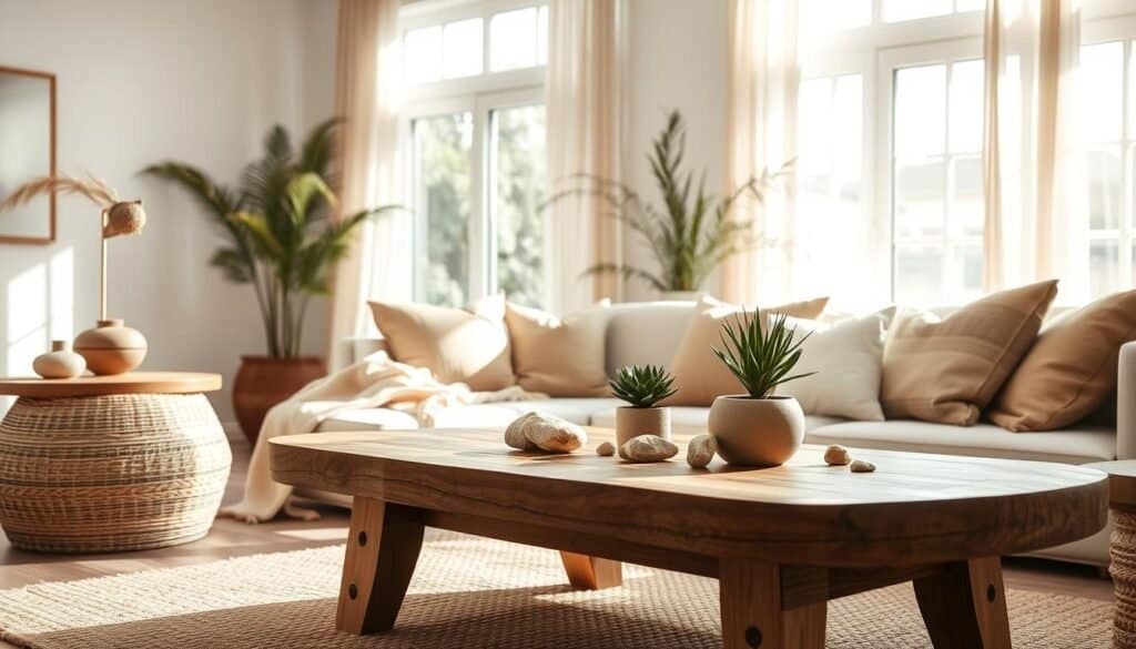 A serene interior space showcasing grounding color palettes, featuring soft earth tones such as warm browns, muted greens, and gentle beiges. In the foreground, a beautifully crafted wooden coffee table adorned with decorative stones and small potted plants. The middle ground reveals a comfortable sofa draped with natural fabric throw pillows in complementary shades, and a woven rug adding texture. The background includes large windows allowing bright natural light to flood the room, casting soft shadows, with sheer curtains gently fluttering in the breeze. The atmosphere is calm and inviting, promoting a sense of tranquility and connection to nature, captured from a slightly elevated angle to emphasize depth and spatial harmony.