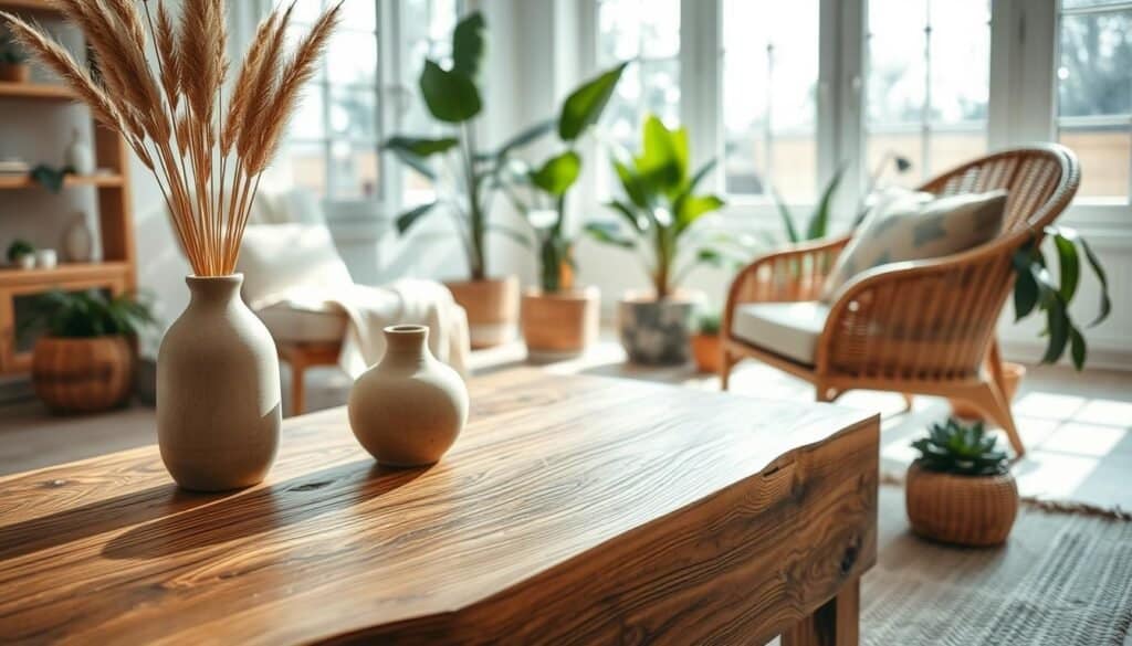 A serene interior space showcasing natural materials for home decor. In the foreground, a beautifully crafted wooden coffee table featuring a rich texture and warm tones, adorned with a simple ceramic vase filled with dried grasses. The middle layer includes an inviting armchair made from woven rattan, complemented by soft, neutral fabrics. In the background, soft natural sunlight streams through large windows, casting gentle shadows that enhance the organic elements. Potted plants, including ferns and succulents, are strategically placed to create a harmonious atmosphere. The mood is calm and refreshing, emphasizing an earthy elegance that invites relaxation. The overall composition is bright and airy, captured with a slight depth of field to focus on the textures and colors of the natural materials, enhancing the essence of tranquility.