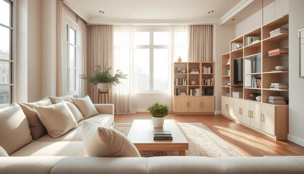 A serene living room designed to evoke calmness and comfort, featuring neutral colors such as soft beiges, warm grays, and gentle whites. In the foreground, a plush, inviting sofa with cozy throw pillows, complemented by a light wood coffee table adorned with a small potted plant. The middle layer showcases an elegant area rug and a bookshelf filled with mostly neutral-toned books and a few decorative pieces, adding a touch of personality. In the background, large windows allow bright, natural light to pour in, casting soft sunlight across the space, illuminating light curtains. The atmosphere is tranquil and airy, creating a genuinely lived-in feel, perfect for relaxation and unwinding. The angle captures the depth of the room, highlighting the harmonious blend of décor and natural elements.