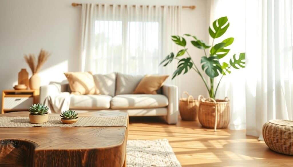 A serene living room featuring natural home accessories, showcasing a harmonious blend of wood and plants. In the foreground, a rustic wooden coffee table with a textured table runner and a few small potted succulents. The middle layer includes a comfortable, minimalist sofa adorned with earthy-toned cushions, while a large leafy plant stands elegantly in a woven basket beside it. In the background, a sunlit window allows soft, natural light to filter through sheer curtains, illuminating the space and creating gentle shadows. The overall mood is warm and inviting, conveying a sense of tranquility and connection to nature. Use a wide-angle lens to capture the inviting atmosphere, emphasizing bright and airy elements.