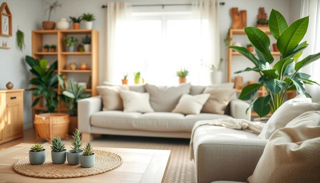A serene living room filled with calming home decor, featuring natural wood elements and lush green plants. In the foreground, a light wood coffee table adorned with small potted succulents and a natural fiber placemat. The middle ground displays a plush, neutral-colored couch layered with soft textured pillows, with a large leafy plant in a woven basket beside it. In the background, a sunlit window with sheer white curtains allows soft sunlight to filter in, illuminating the space. Warm wooden shelves holding various plants and wooden decor pieces enhance the natural atmosphere. The overall mood is tranquil and inviting, showcasing a harmonious combination of wood and greenery in bright, airy surroundings. Use a soft focus lens effect to create a peaceful ambiance.