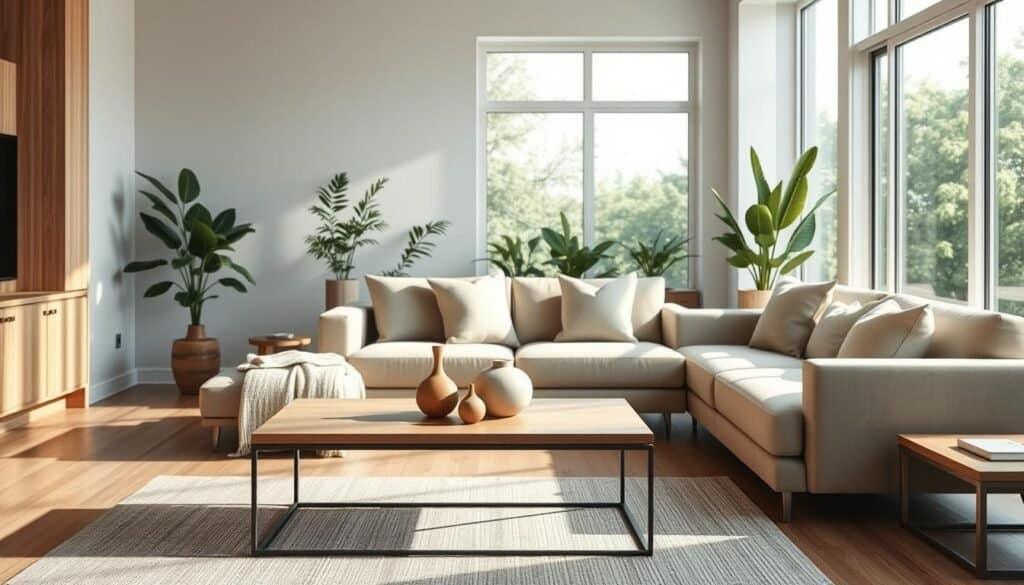 A serene living room that exemplifies intentional space planning, featuring a minimalistic design with natural wood accents and soft textiles. In the foreground, a sleek coffee table holds a few carefully selected decor items, creating a focal point. The middle ground showcases an inviting sofa arranged to maximize comfort and conversation, adorned with neutral-colored cushions. Large windows in the background let in bright, natural light, casting soft shadows across the room. Peaceful greenery is visible outside, enhancing the tranquil atmosphere. The overall mood is calm and harmonious, with an airy feel and a balanced layout that invites relaxation. The lighting is warm and soft, accentuating the room's inviting ambiance.