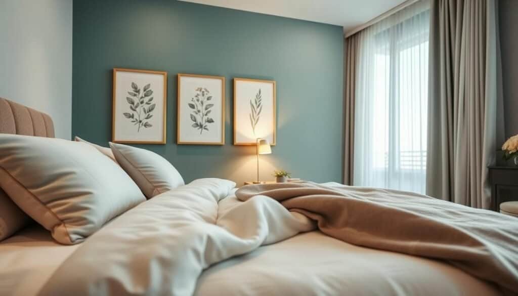 A serene master bedroom showcasing elegant color schemes with a focus on an accent wall. In the foreground, soft textures of a plush bed adorned with muted pastel pillows and a cozy throw blanket. The middle features an accent wall painted in a calming, deep teal with framed botanical art. A stylish bedside table holds a modern lamp emitting soft light. In the background, airy sheer curtains gently filter bright, natural sunlight, enhancing the tranquil atmosphere. The composition captures a well-organized, clutter-free space with calming decor that promotes relaxation. Capture this scene from a slight angle, emphasizing depth and inviting warmth, perfect for a peaceful night’s sleep.