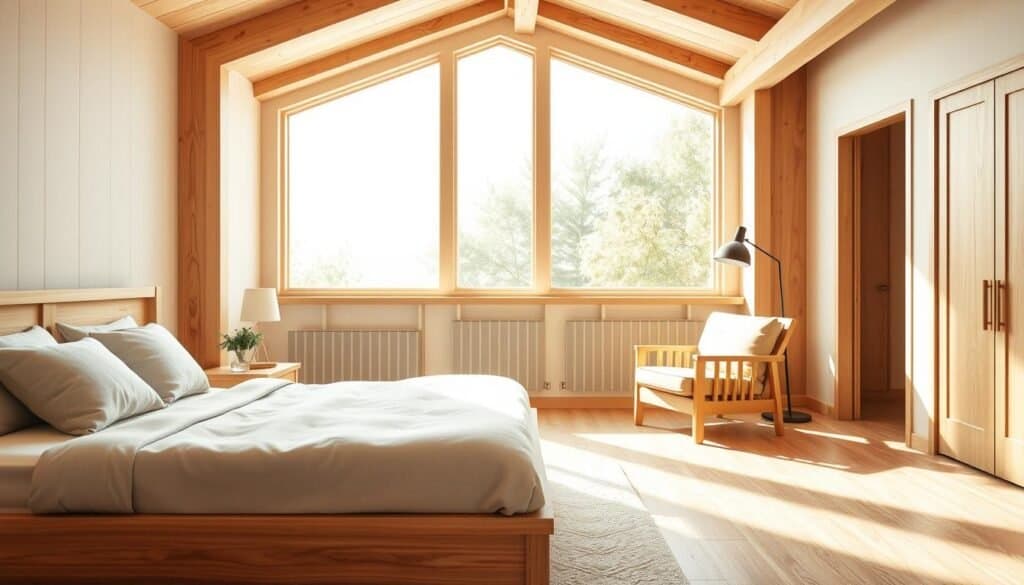 A serene natural wood bedroom design featuring a warm, inviting atmosphere. The foreground includes a beautifully crafted wooden bed frame with soft, neutral bedding and decorative pillows. To the side, a small wooden nightstand holds a simple plant and a stylish lamp. The middle ground showcases a cozy reading nook with a plush armchair made of light wood, alongside a modern floor lamp. In the background, large windows flood the space with bright, soft sunlight, illuminating wooden beams on the ceiling and a light-colored wooden floor. The overall mood is tranquil and minimalist, emphasizing the transformative power of natural wood in creating a comfortable, clutter-free space. The scene captures an airy, well-lit ambiance ideal for relaxation.