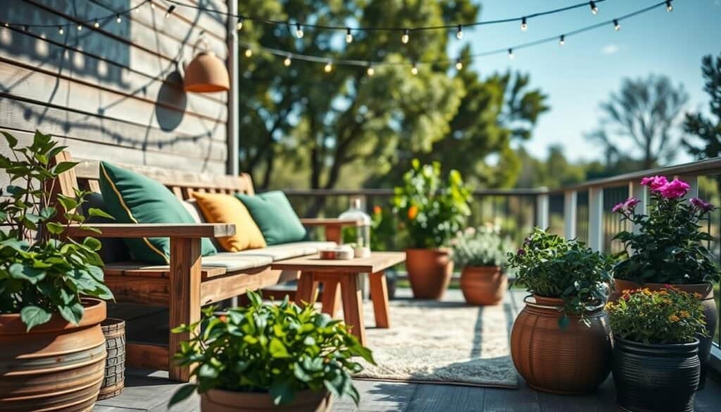 A serene outdoor corner featuring tastefully arranged revitalized furniture, such as a rustic wooden bench adorned with plush green cushions and a matching small table. In the foreground, potted plants with lush greenery and vibrant flowers create a welcoming vibe. The middle ground reveals a soft, inviting rug that adds warmth to the space, surrounded by delicate fairy lights draped overhead, casting a gentle glow. In the background, a blur of trees and a clear blue sky signifies tranquility. The scene is illuminated by bright natural light, highlighting the textures of the wood and fabric while maintaining a soft, airy atmosphere. The angle captures the inviting essence of this serene escape, perfect for relaxation and reflection in a cozy outdoor setting.