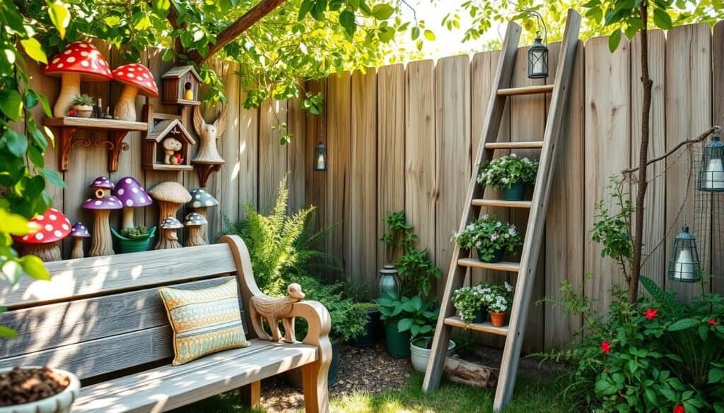 A serene outdoor corner featuring whimsical wooden decorative elements, such as intricately carved toadstools, cheerful birdhouses, and playful fairy figures nestled among lush greenery. In the foreground, a weathered wooden bench invites relaxation, adorned with colorful cushions. The middle ground showcases a quaint wooden ladder leaning against a tree, decorated with potted plants and hanging lanterns. The background reveals soft sunlight filtering through the leaves, casting dappled shadows on the rustic wooden fence. The atmosphere is bright and airy, evoking a sense of enchantment and tranquility, perfectly suited for transforming quiet spaces into inviting retreats. The image should be captured from a slightly elevated angle to emphasize depth and perspective, bathed in natural light to enhance the rich textures of the wood and foliage.