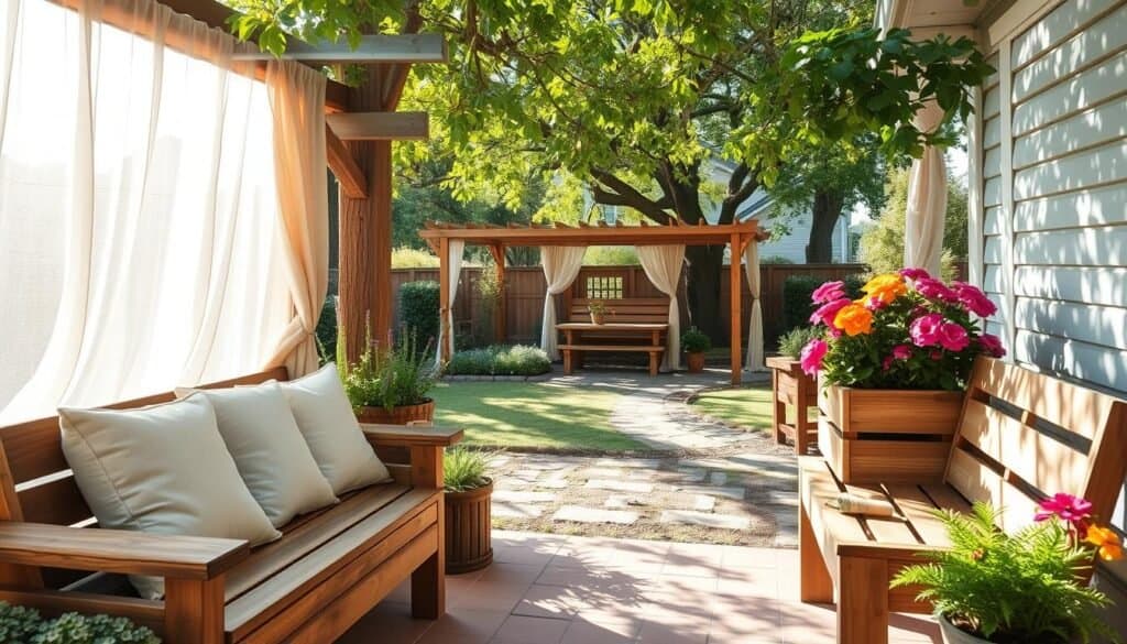 A serene outdoor corner transformed by woodworking projects. In the foreground, a rustic wooden bench adorned with plush cushions invites relaxation. To the side, a handcrafted wooden planter overflowing with vibrant flowers adds color and life. The middle ground features a small, wooden gazebo, providing shelter, with flowing curtains gently swaying in a light breeze. The background reveals a neatly landscaped garden, with trees and greenery basking in bright, natural light. Soft sunlight filters through the leaves, creating a warm and inviting atmosphere. The scene captures a sense of tranquility and creativity, showcasing how neglected spaces can become charming retreats. The composition should be shot from a slightly elevated angle, emphasizing the enchanting blend of wood and nature, with no human presence.