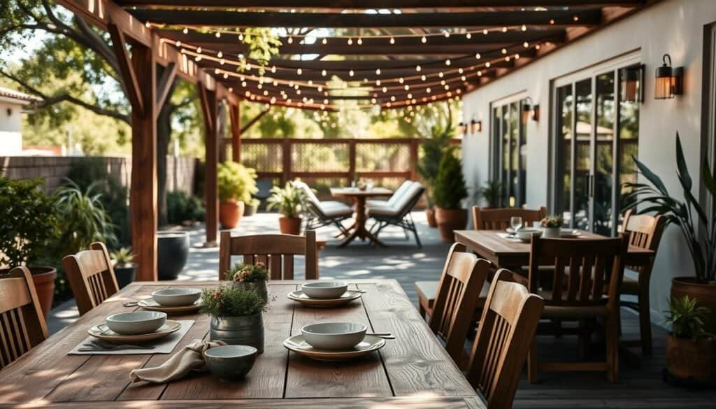 A serene outdoor dining area showcasing rustic wooden furniture, including a large rectangular table surrounded by elegant wooden chairs. In the foreground, a tasteful table setting with natural linen napkins and ceramic plates complements the rustic theme. The middle ground features potted plants with vibrant greenery, enhancing the inviting atmosphere. In the background, a softly lit patio space with twinkling fairy lights draped overhead creates a cozy ambiance, perfect for gatherings. The scene is bathed in bright, natural light filtering through the trees, casting gentle shadows across the wooden surfaces. The overall mood is warm and inviting, ideal for quiet meals and entertaining in nature.