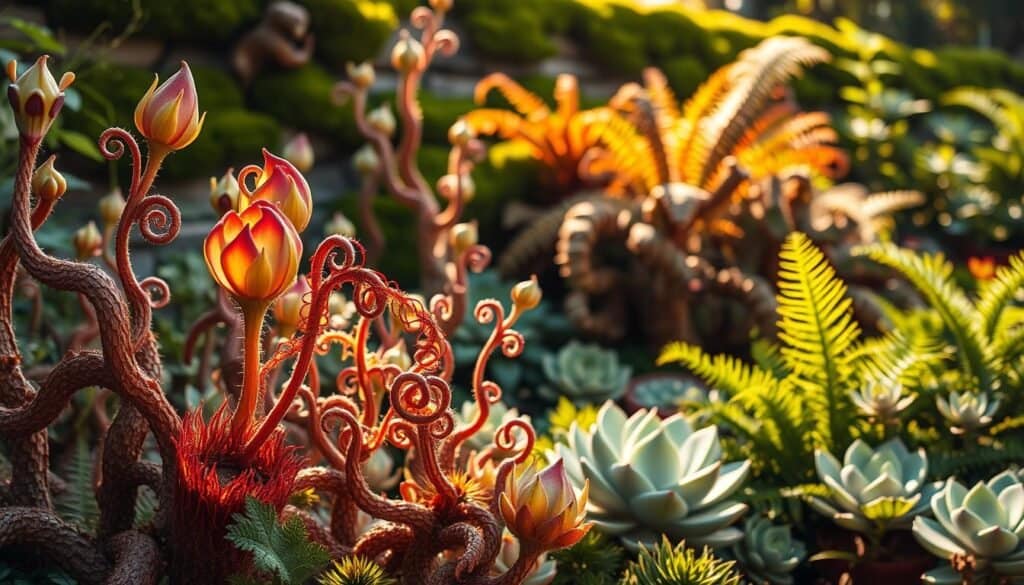 A serene outdoor scene showcasing an array of strange plants in various shapes and colors. In the foreground, vibrant alien-like flora with textured leaves, twisting tendrils, and unusual blossoms catch the eye. The middle ground features a mix of oversized, luminescent succulents and ferns with intricate patterns, creating a sense of depth and whimsy. In the background, subtle hints of a garden wall covered in moss provide a lush, verdant backdrop. The scene is bathed in soft, warm sunlight, creating a magical atmosphere with gentle shadows that emphasize the unique characteristics of each plant. Capture the essence of creativity and revival in this enchanting outdoor space, inviting viewers to imagine the potential for transformation.