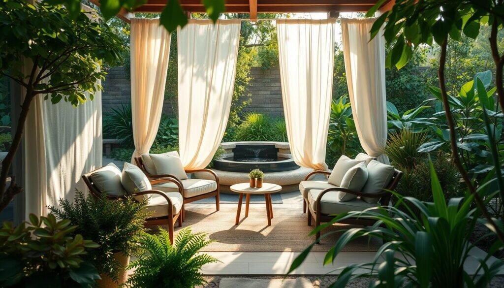 A serene outdoor seating area featuring a cozy arrangement of soft, cushioned chairs and a small round table, nestled in a lush, natural setting filled with greenery. The foreground includes vibrant potted plants and a woven rug that adds texture. In the middle, the seating is surrounded by gentle, flowing curtains that catch the soft sunlight filtering through nearby trees, creating a warm and inviting atmosphere. The background showcases a variety of leafy plants, softly diffused light, and a calming water feature, enhancing the tranquility of the scene. Capture this setting with a wide-angle perspective, highlighting the interplay of light and nature, evoking relaxation and comfort. The overall mood is peaceful and rejuvenating, perfect for unwinding outdoors.