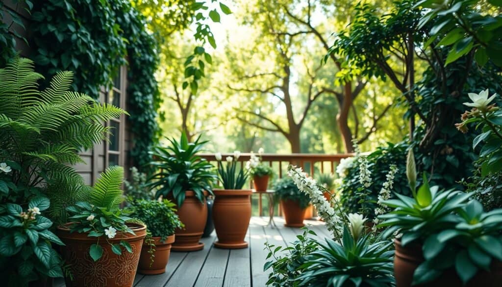 A serene outdoor space filled with lush green plants, featuring a variety of ferns, potted succulents, and flowering shrubs. In the foreground, vibrant terracotta pots with intricate designs hold rich green foliage, while delicate white flowers cluster among them. The middle layer showcases a wooden deck adorned with climbing ivy and a vertical garden wall, embracing nature's beauty. In the background, a soft-focus view of a sunlit garden reveals larger trees with a gentle breeze rustling their leaves. The scene is bathed in bright, natural light filtering through leaves, creating a calming atmosphere. Use a wide-angle lens to capture a sense of openness, emphasizing tranquility and the transformative power of plants in outdoor spaces.