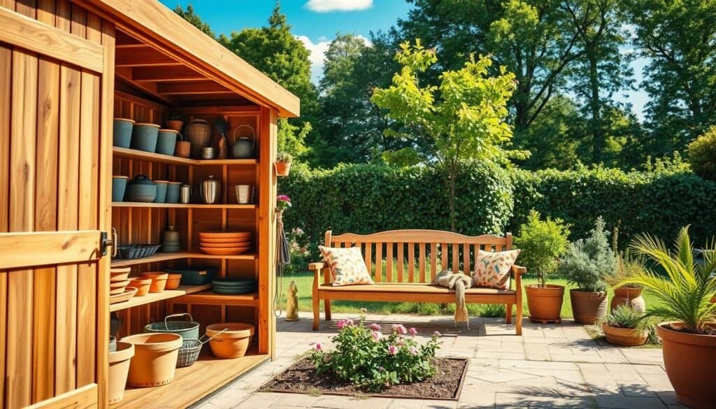 A serene outdoor space showcasing practical storage solutions for garden tools and equipment, featuring a rustic wooden shed with neatly organized shelves filled with pots, gardening supplies, and outdoor accessories in the foreground. In the middle, a charming wooden bench with colorful cushions complements a well-maintained flowerbed, creating a welcoming atmosphere. In the background, lush green trees bask in soft sunlight, with a clear blue sky peeking through. The scene is captured in bright, natural light, giving an airy and inviting feel. The perspective is slightly elevated to emphasize the organization and accessibility of the storage solutions, inspiring a cozy and functional outdoor lifestyle.