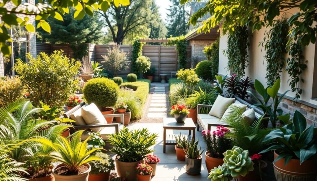 A serene outdoor space showcasing strategic plant placement ideas. In the foreground, a cozy seating area with stylish outdoor furniture surrounded by an assortment of vibrant potted plants, such as ferns, succulents, and colorful flowers. The middle ground features a path lined with medium-sized shrubs and small trees, enhancing the feeling of an inviting garden room. In the background, a gently landscaped area with taller trees and a trellis adorned with climbing vines. The scene is illuminated by soft, natural sunlight filtering through leaves, casting gentle shadows. Shot from a slightly elevated angle to capture the layout and atmosphere of the space, evoking a sense of rejuvenation and tranquility in an airy, well-lit setting.