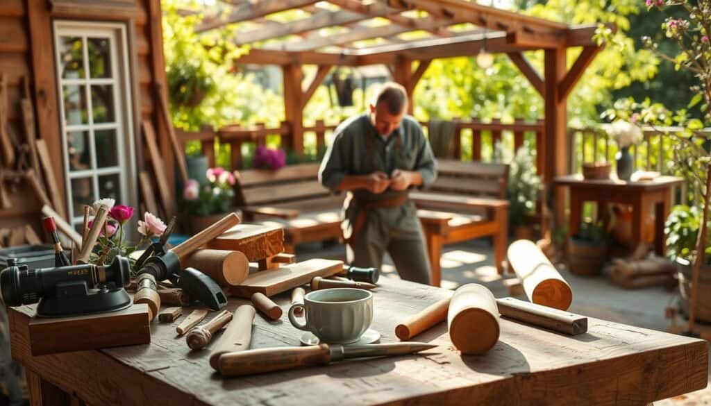 A serene outdoor woodworking scene showcasing a cozy wooden workshop nestled in a lush garden. In the foreground, a rustic workbench is cluttered with various hand tools, freshly cut timber, and an inviting cup of coffee. The middle ground features a craftsman, dressed in modest casual clothing, deeply focused on carving a wooden bench, with soft sunlight illuminating his work. Surrounding him are flowering plants and greenery, enhancing the tranquil vibe of the space. In the background, a wooden gazebo and hanging string lights add a touch of warmth, inviting relaxation. The image is bathed in bright, natural light, capturing the essence of creativity and comfort in the outdoors, evoking a sense of peace and inspiration.