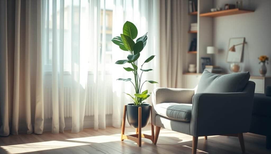A serene plant corner in a modern living space, featuring a single lush, green potted plant, such as a fiddle leaf fig or peace lily, placed on a stylish wooden stand. In the foreground, soft natural sunlight filters through sheer white curtains, casting gentle shadows on a light-colored wooden floor. In the middle ground, a cozy armchair with textured fabric is positioned beside the plant, inviting relaxation. The background includes softly blurred elements of home décor, like shelves adorned with books and small decorative items, fostering a peaceful atmosphere. The overall mood is calming and grounded, with a focus on the beauty and tranquility that a single plant brings to the space, reflected in the warm, inviting lighting.