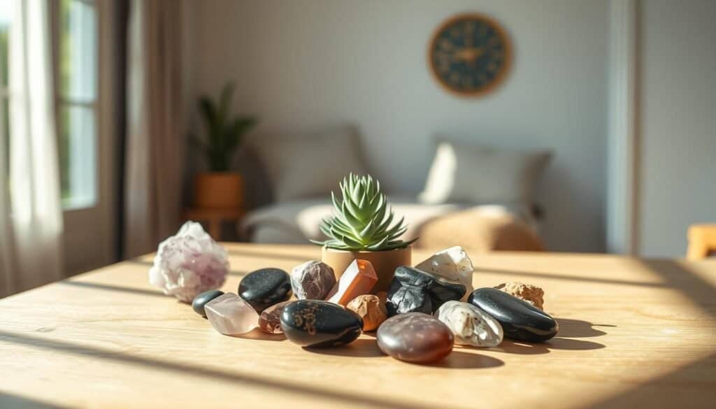 A serene, well-lit home interior showcasing a collection of grounding stones and crystals. In the foreground, various polished stones such as amethyst, rose quartz, and obsidian are artfully arranged on a wooden surface, illuminated by soft, natural sunlight. The middle ground features a small, potted succulent plant, complementing the earthy tones of the stones. In the background, a cozy corner with light-colored walls and organic textures, creating a calming atmosphere. The overall composition conveys tranquility and balance, with gentle shadows enhancing the tactile quality of the stones. The scene is captured with a soft focus, evoking a sense of peace and grounding energy.