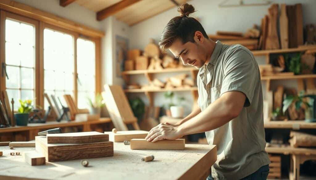 A serene woodworking workshop bathed in bright natural light, showcasing a wooden workbench cluttered with tools, wood pieces, and a half-finished wooden project. In the foreground, a skilled artisan, dressed in modest casual attire, carefully sands a piece of wood with focused concentration, their hands gently showing the texture of the wood. In the middle ground, shelves are lined with neatly organized tools and various wood types, while a warm, welcoming atmosphere prevails. The background features large windows allowing soft sunlight to stream in, illuminating the space with a calming glow. Add subtle greenery from potted plants nearby to enhance the feeling of tranquility and creativity. The overall mood should reflect relaxation, joy in creation, and the therapeutic benefits of working with wood.