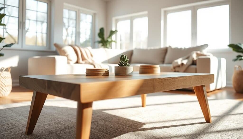 A skillfully crafted wooden coffee table, showcasing a natural wood grain finish, sits prominently in the foreground. Its legs are elegantly tapered, enhancing the table's modern aesthetic. Surrounding the table are decorative accessories: a small potted succulent and a stack of neatly organized coasters. The middle ground features a cozy living room, with a soft, neutral-toned sofa and a textured throw blanket draped casually across it. In the background, large windows allow bright, airy natural light to flood the space, casting gentle shadows that highlight the craftsmanship of the table. The mood is inviting and warm, evoking a sense of comfort and functionality. The image captures this scene from a slightly elevated angle, emphasizing the table’s details in soft sunlight, creating an overall serene atmosphere suited for a home.