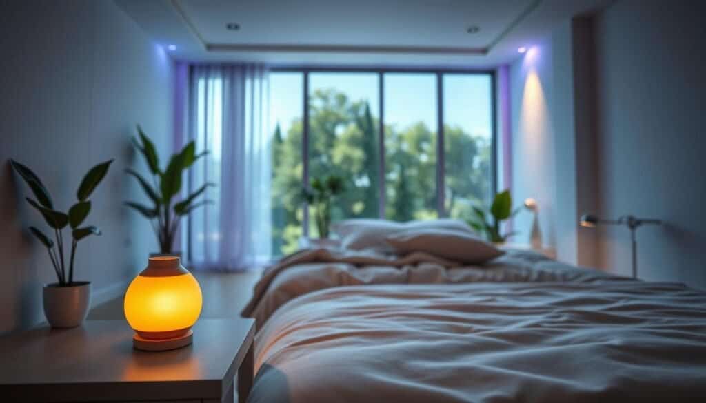 A softly lit bedroom designed for relaxation, featuring smart lighting solutions that create a serene atmosphere. In the foreground, a stylish bedside table with a warm, glowing lamp and minimalist decor. The middle of the scene includes a cozy bed adorned with plush pillows and a lightweight blanket, complemented by a softly illuminated wall with adjustable LED lights that cast gentle hues of blue and lavender. In the background, large windows allow for soft sunlight to filter in, illuminating light wooden flooring and potted plants that enhance the tranquil vibe. The room feels airy and inviting, captured from a low angle to emphasize the height of the space, creating a sense of calm and ease.