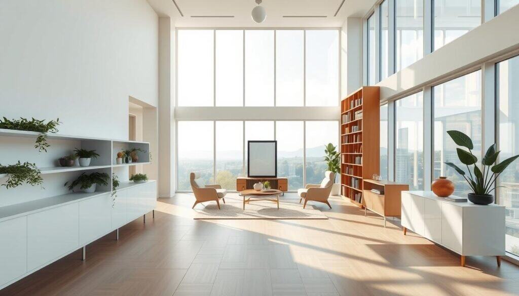 A spacious room showcasing innovative vertical space utilization, emphasizing high ceilings and tall windows that flood the area with bright, natural light. In the foreground, sleek shelving units adorned with greenery create a sense of airiness. The middle ground features elegant, intelligently placed furniture that encourages upward visual flow, like a tall bookshelf filled with books and decorative art. In the background, large, unobstructed windows offer views of a serene outdoor landscape, enhancing the illusion of height and openness. Soft sunlight dances across the room, casting gentle shadows that add depth to the space. The overall atmosphere exudes a feeling of lightness and balance, inviting tranquility and inspiration, captured from a slightly elevated angle to emphasize verticality.