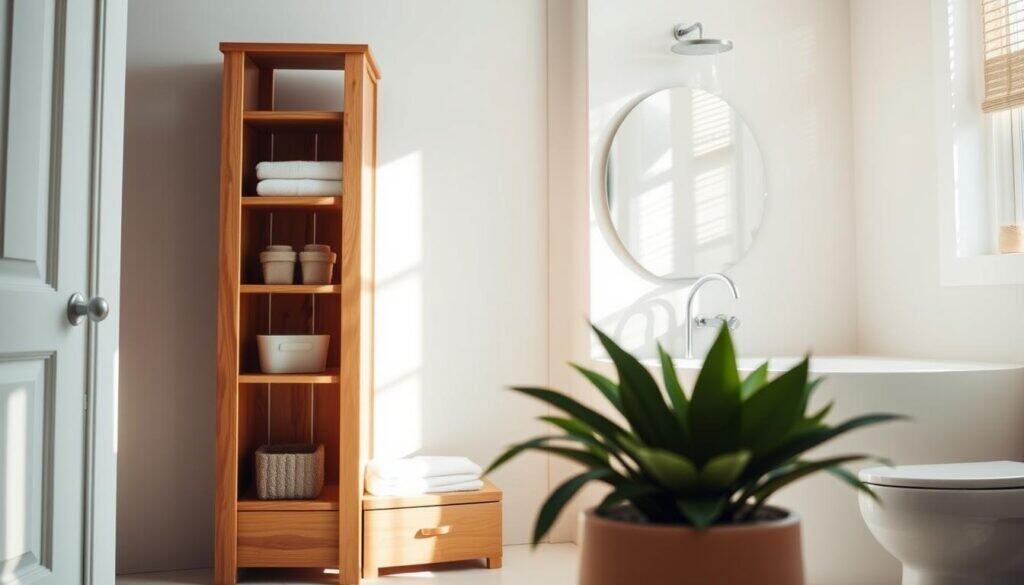 A stylish DIY bathroom storage tower made of warm, natural wood, standing against a softly lit, airy bathroom backdrop. The tower features open shelves for towels and small bins, with a drawer at the base for toiletries. The wood grain is rich and visible, highlighting the craftsmanship. In the foreground, a potted plant adds a fresh touch, while natural light streams in through a nearby window, creating gentle shadows that enhance the textures. The atmosphere is serene and inviting, showcasing how functional design can enhance everyday comfort. Capture this scene from a slightly elevated angle to emphasize the height of the storage tower and its practical use. Include soft sunlight filtering through the window for a warm, homey feel.