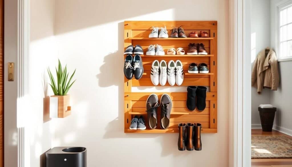 A stylish DIY wall-mounted shoe rack displayed in a modern entryway. The shoe rack, crafted from warm-toned wood with clean lines, features neatly arranged pairs of shoes in various styles—sneakers, sandals, and boots. In the foreground, the shoe rack is positioned against a soft, light-colored wall, with a small potted plant adding a touch of greenery. In the middle, a pair of casual shoes is placed artfully on the rack. The background shows a welcoming entryway with a soft, inviting rug and a coat hook. Bright, natural lighting filters through a nearby window, casting gentle shadows on the floor, creating an airy and well-lit atmosphere. The mood is warm and organized, emphasizing functionality and style.