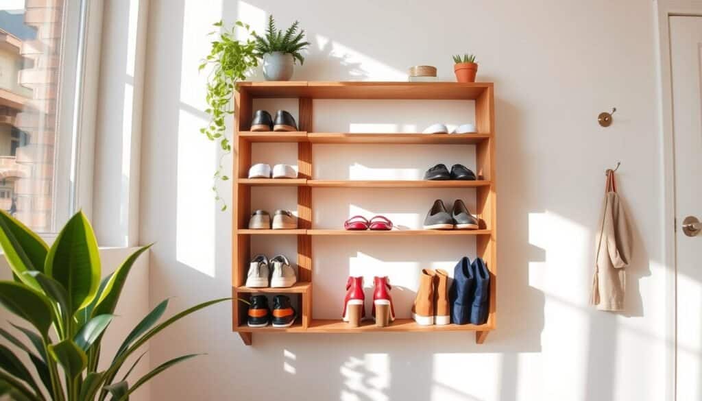 A stylish DIY wall-mounted shoe rack made of natural wood, showcasing a sleek design with multiple tiers for shoe organization. The rack is elegantly placed against a light-colored wall, surrounded by decorative plants that enhance the homey feel. In the foreground, a pair of neatly arranged shoes in different styles are displayed on the rack’s shelves, adding vibrant color to the scene. The middle ground features a soft, airy atmosphere with bright natural light streaming through a nearby window, casting gentle shadows. The background includes subtle hints of minimalist decor, such as a small coat hook and a decorative mirror. The overall mood is fresh, inviting, and organized, perfect for improving functionality in small spaces. The image is captured with a wide-angle lens, emphasizing the depth and openness of the space.