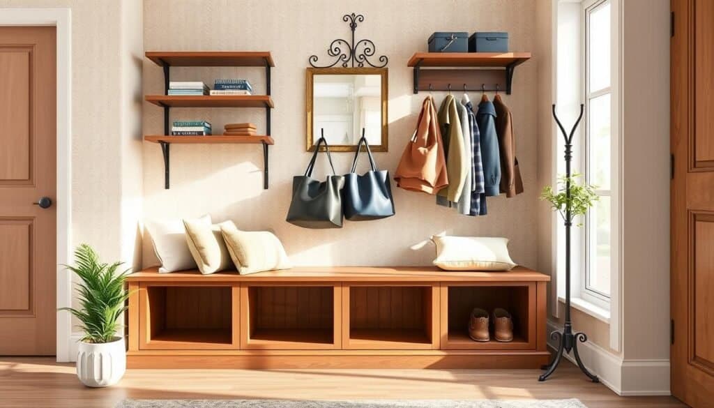 A stylish and practical entryway storage solution featuring a wooden bench with built-in cubbies, adorned with a few neatly stacked cushions. In the foreground, a small potted plant adds a touch of greenery. The middle ground showcases a tall coat rack with an elegant design, hanging several coats and bags in a tidy manner. Shelves above the bench display decorative boxes and a framed mirror, reflecting the soft, natural light streaming in from a nearby window. The background includes a soft, muted wallpaper that complements the warm color palette of the space. The image captures a cozy, welcoming atmosphere enhanced by bright, airy lighting, creating a sense of warmth and approachability, perfect for an inviting entryway setting.