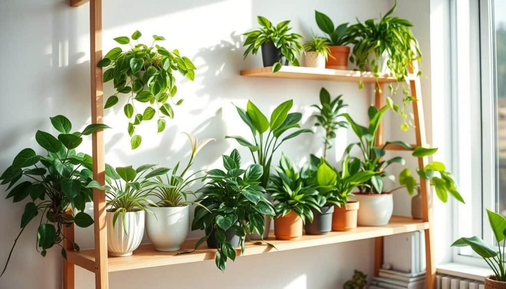 A stylish indoor plant shelf showcasing a variety of greenery, including vibrant houseplants like pothos, snake plants, and peace lilies. The shelf is made of natural wood, positioned against a bright, airy wall with soft sunlight filtering through a nearby window, casting gentle shadows. In the foreground, a cozy nook features decorative pots with interesting textures and colors. The middle section highlights the varying heights and shapes of the plants, with some draping elegantly over the edges. In the background, a few books and minimalist décor items enhance the inviting atmosphere. The overall mood is fresh and uplifting, creating a lively yet serene indoor environment. The image captures the essence of maximizing plants' lightening power in a beautifully organized display.