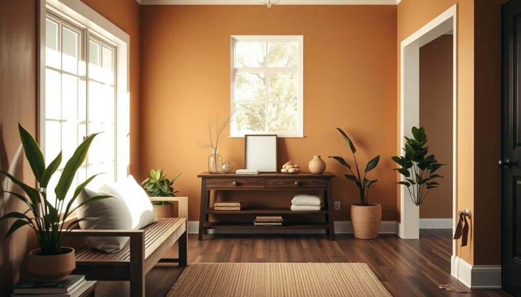 A stylish, low-maintenance entryway design featuring a minimalistic aesthetic. In the foreground, a welcoming wooden bench with soft, neutral cushions invites relaxation. Flanking the bench are potted plants that require little care, adding life without much upkeep. The middle showcases a simple console table, adorned with a few decorative items and organic materials. The walls are painted in warm tones, illuminated by soft, natural sunlight streaming in from a large window, creating an airy atmosphere. In the background, a durable yet attractive flooring option complements the design, ensuring easy cleaning. The overall mood is inviting and personal, reflecting a busy household's need for functionality without sacrificing style. Capture this scene with a wide-angle lens to enhance depth and light.
