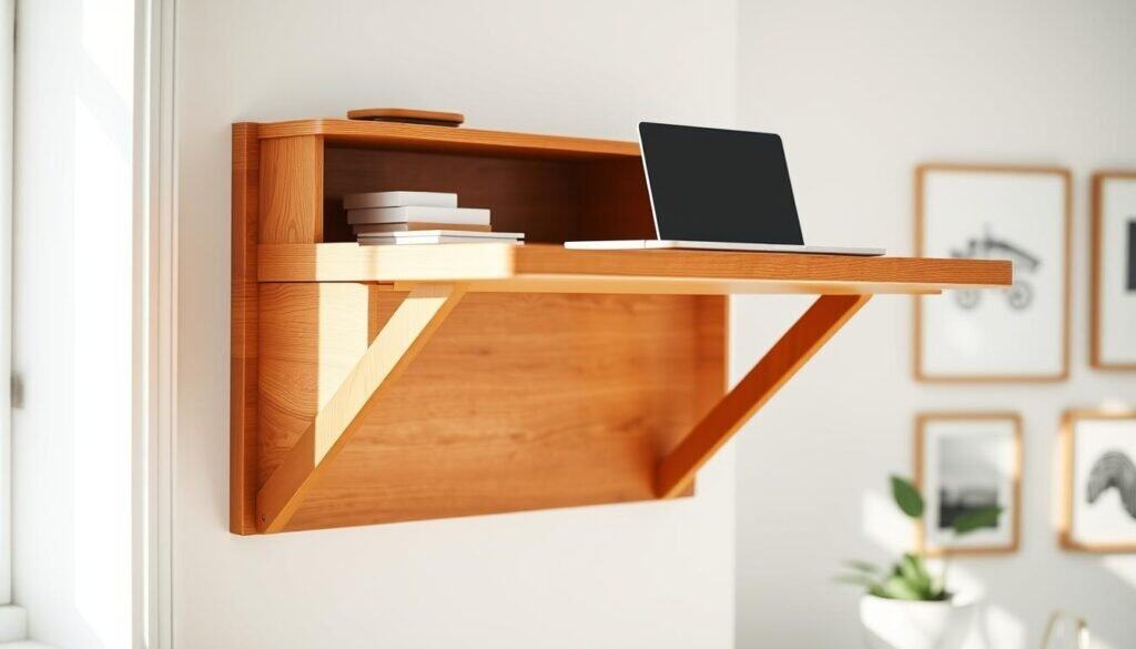 A stylish, wall-mounted fold-down desk set against a bright, airy home office background. The desk is elegantly crafted from warm, natural wood, showcasing fine grain details and smooth edges. Its surface is adorned with minimalistic stationery and a laptop, reflecting a functional yet aesthetic workspace. The desk is folded down, with supporting brackets visible, displaying a clever use of space in a small room. Soft, natural sunlight streams in through a nearby window, casting gentle shadows and enhancing the warm tones of the wood. In the background, light-colored walls and a few framed minimalistic artworks add to the modern, inviting atmosphere. The focus is sharp on the desk, while the background has a slight bokeh effect to emphasize the functionality and design of the fold-down desk, creating a sense of calm and efficiency.