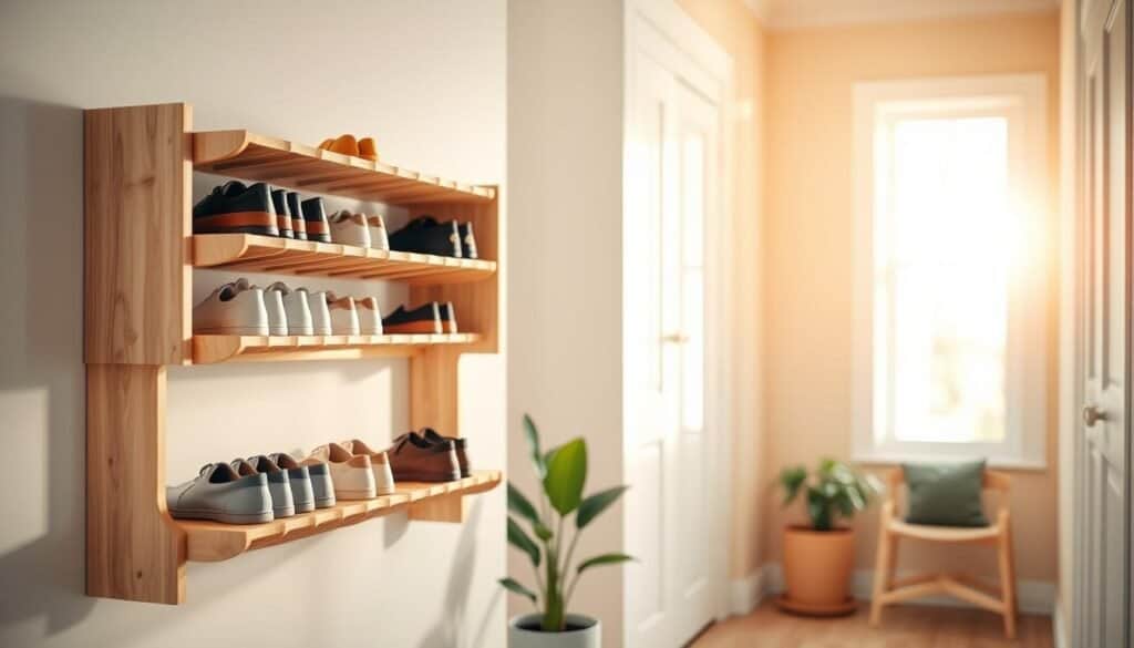 A stylish wall-mounted shoe rack made of light-colored wood, showcasing a minimalistic and modern design. In the foreground, the rack is filled with neatly arranged pairs of shoes in various colors and styles, creating an organized and appealing look. The middle ground features a cozy entryway with a small potted plant beside the rack, adding a touch of greenery. The background includes a softly illuminated wall with warm, inviting tones, enhanced by bright natural light streaming in through a nearby window. The atmosphere is airy and well-lit, evoking a sense of cleanliness and order. The composition is captured from a slightly elevated angle to highlight both the shoe rack and the surrounding entryway.