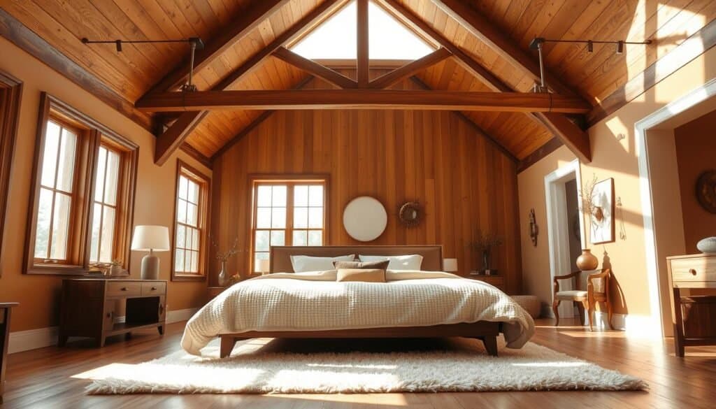 A sunlit vaulted master bedroom featuring warm, natural materials. In the foreground, a cozy bed with a textured, cream-colored duvet and wooden nightstands adorned with minimalist décor. The middle ground showcases high, exposed wooden beams that create an airy atmosphere, with large windows allowing soft sunlight to flood the room, highlighting the rich textures of the wood and fabric. A plush area rug covers part of the polished hardwood floor, adding warmth and comfort. In the background, warm-toned walls with subtle, earthy decor evoke a sense of tranquility. The room exudes a calm and inviting mood, emphasizing the psychological warmth created by natural elements and sunlight. The angle captures the space’s openness and harmony, making it feel both spacious and intimate.