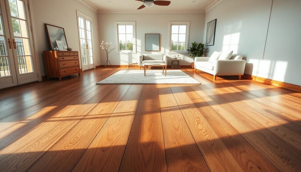 A tranquil bedroom featuring stunning wooden flooring that conveys grounding energy. The foreground highlights rich, natural wood grains with a polished finish, showcasing intricate patterns and textures under warm, soft sunlight. In the middle, a cozy area rug adds contrast, while simple, elegant furniture complements the wooden flooring. The background presents airy walls painted in soothing pastels, allowing natural light to filter in through large windows, creating a serene atmosphere. The scene is captured with a wide-angle lens to emphasize spaciousness, and the overall mood is calming and inviting. The image is devoid of any captions or text, focusing solely on the beauty of the wooden flooring in a relaxing bedroom setting.