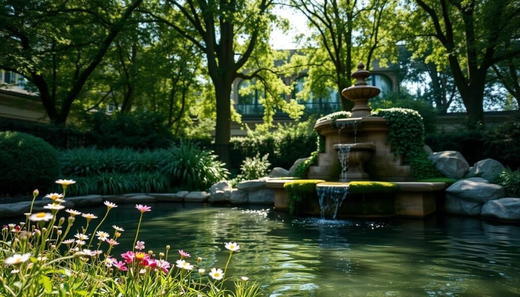 A tranquil outdoor corner featuring a serene water feature, such as a gently cascading fountain surrounded by lush greenery. In the foreground, delicate wildflowers bloom near the water's edge, their colors reflecting softly in the water. The middle ground showcases a larger stone water fountain, adorned with moss and ivy, that creates a soothing sound of trickling water. In the background, tall, leafy trees provide a natural canopy, dappled sunlight filtering through their branches, illuminating the scene with warm, soft light. The atmosphere is peaceful and inviting, ideal for relaxation and sensory tranquility, captured with a wide-angle lens to emphasize depth. The entire setting is bright and airy, showcasing the beauty of nature in perfect harmony.