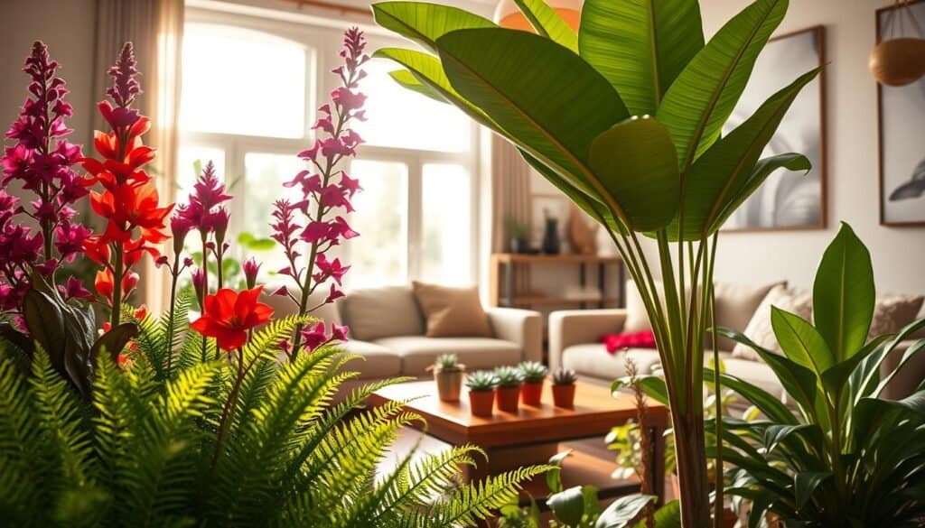 A vibrant assortment of colorful plants in a cozy living room setting, featuring lush green ferns, striking red and purple flowers, and a tall, leafy tropical plant in the foreground. The middle ground displays a wooden coffee table adorned with small potted succulents, surrounded by comfortable furniture. In the background, large windows allow bright, soft sunlight to filter in, creating an airy atmosphere. The room is tastefully decorated with natural wooden accents and neutral-colored walls, enhancing the freshness of the plants. The overall mood is uplifting and inviting, showcasing how a touch of greenery can transform a flat, dull space into a lively oasis. The scene is captured with a warm lens, highlighting the textures of the leaves and the intricate colors of the flowers.