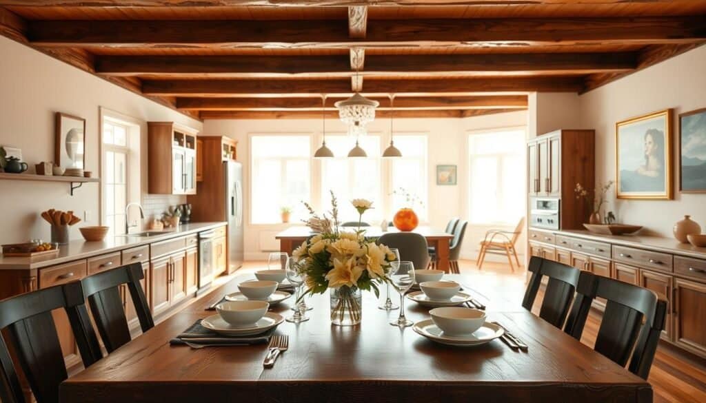 A warm and inviting kitchen-dining area, showcasing a seamless connection between the two spaces. In the foreground, a rustic wooden dining table set for a casual meal, featuring elegant dishware and a centerpiece of fresh flowers. The middle ground reveals a spacious open-concept kitchen, with polished countertops, modern appliances, and wooden cabinetry, all bathed in bright, natural light filtering through large windows. The background includes soft hues of light pastel walls adorned with tasteful art, enhancing the airy atmosphere. The scene is illuminated with soft sunlight, creating a cozy and inviting mood, capturing the essence of togetherness and warmth at the heart of the home. A wide-angle view emphasizes the spaciousness of the area, promoting a sense of connection and comfort.