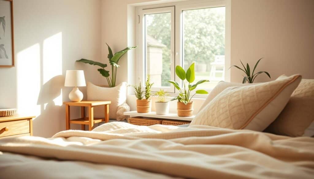 A warm bedroom aesthetic featuring a cozy, inviting atmosphere. In the foreground, a plush, soft bed adorned with textured throw pillows and a lightweight, knitted blanket. To the side, a handcrafted wooden bedside table holds a delicate ceramic lamp casting a soft glow. In the middle, a large window allows bright, natural sunlight to stream in, enhancing the warmth of the room. Potted green plants provide a touch of life and color, while a woven rug adds a grounded element beneath the bed. In the background, light pastel walls create an airy feel, and subtle wooden elements remind viewers of nature. The scene is bathed in soft sunlight, evoking comfort and tranquility, captured with a shallow depth of field for a dreamy atmosphere.