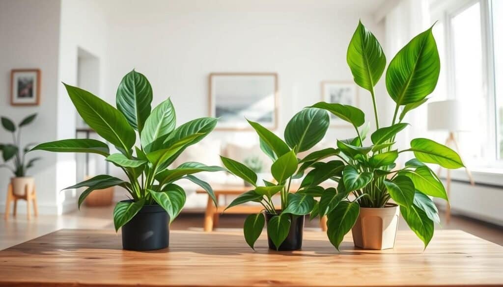 A well-designed indoor scene showcasing a variety of air-purifying plants. In the foreground, lush green leaves of a Snake Plant, Peace Lily, and Pothos are beautifully arranged on a modern wooden coffee table. The middle ground features a bright, airy living room with large windows allowing soft, natural sunlight to illuminate the space, creating a warm and inviting atmosphere. In the background, light-colored walls adorned with art pieces enhance the cozy ambiance. The lighting is bright yet soft, emphasizing the freshness of the plants and the serene home environment. The overall mood is tranquil and rejuvenating, perfect for illustrating a healthier living space enhanced by nature. The composition is clean and organized, focused on the plants without any distractions.