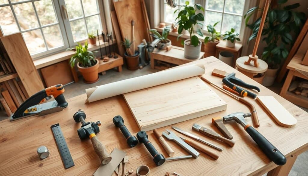 A well-organized woodworking workspace featuring essential tools for beginner-friendly DIY wood projects. In the foreground, display a sturdy wooden workbench cluttered with beginner tools: a hand saw, a hammer, wood clamps, a measuring tape, and a set of chisels, all arranged neatly around a partially assembled wooden project. In the middle, a roll of sandpaper and various pieces of soft wood indicate active use. The background should showcase a sunlit workshop with large windows, allowing soft natural light to fill the space, illuminating the wood grains and creating a warm, inviting atmosphere. Include a few houseplants for a touch of greenery, enhancing the cozy and productive feel of the setting. The angle should be slightly overhead to capture the entire scene effectively.