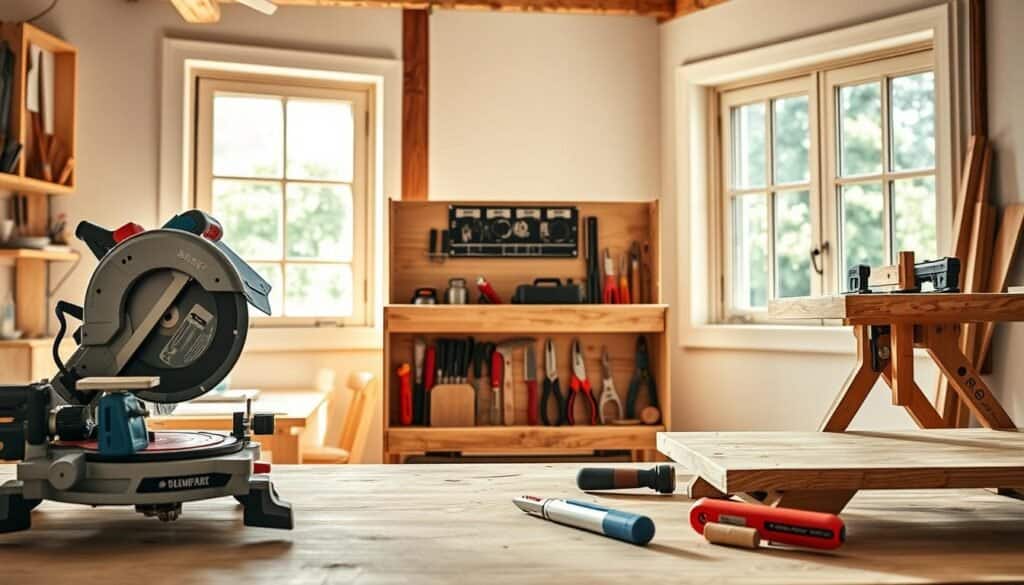 A well-organized woodworking workspace showcasing space-saving tools, such as a compact miter saw, a foldable workbench, and a set of collapsible clamps. The foreground features close-up details of these innovative tools, emphasizing their functionality and design. In the middle, a wooden tool storage unit holds various hand tools, demonstrating efficient use of space. The background displays a brightly lit, airy room with natural sunlight filtering through large windows, highlighting the wood grain and textures. The atmosphere is inviting and creative, evoking the joy of DIY projects in small spaces. The image should maintain a realistic and professional feel, perfect for illustrating woodworking essentials in a home workshop.