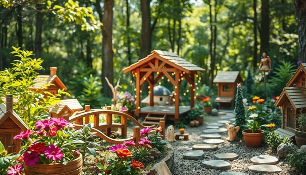 A whimsical fairy garden village nestled among lush greenery, featuring enchanting wooden accents like miniature houses, bridges, and stepping stones. In the foreground, beautifully carved wooden flower pots overflow with vibrant blooms, while small sculptures of fairy-tale creatures peek out from behind plants. The middle ground showcases a charming wooden gazebo adorned with twinkling fairy lights, inviting children to explore. In the background, a sun-drenched forest creates a magical atmosphere, with dappled sunlight filtering through the leaves, casting gentle shadows. The scene is airy and well-lit, enhancing the cheerful mood, reminiscent of a perfect summer day. Shot from a slightly elevated angle to capture the delightful details of the village, ensuring a bright and inviting composition.