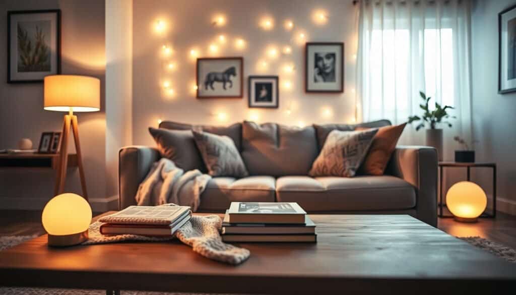Aesthetic living room lighting featuring a cozy, welcoming atmosphere. In the foreground, a stylish coffee table with a soft throw blanket and a few decorative books is illuminated by warm, dimmable LED floor lamps. The middle layer showcases a comfortable sofa with plush cushions, bathed in the gentle glow of strategically placed fairy lights along the window. Soft sunlight streams through sheer curtains in the background, enhancing the airy feel of the room. The walls are painted in calming pastel tones, with tasteful artwork that complements the scene. The lighting creates soft shadows, evoking a warm and inviting mood, perfect for transformation without major redecorating. The angle captures the room beautifully, emphasizing depth and inviting viewers to imagine themselves in this serene space.