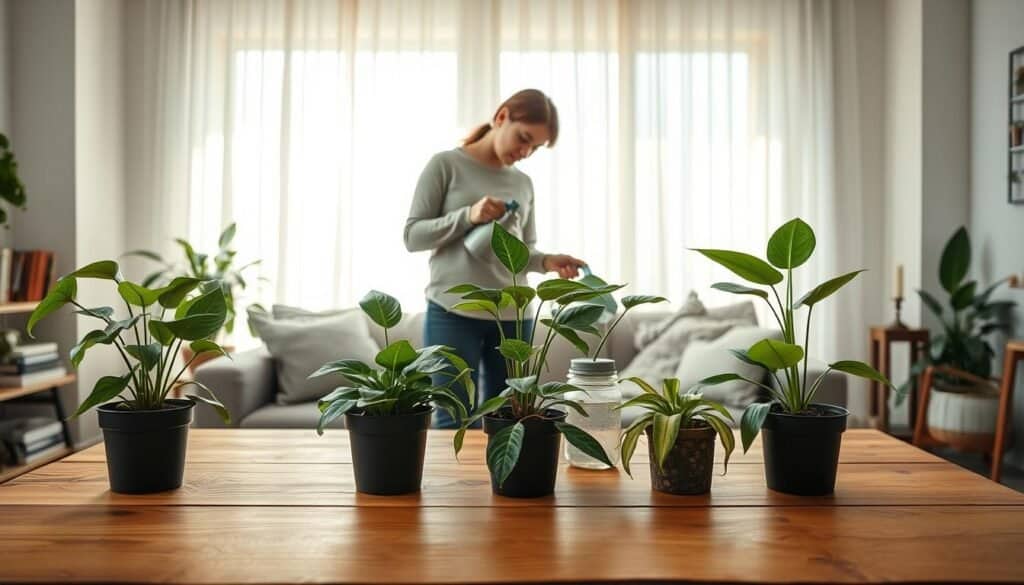 An inviting indoor scene showcasing plant care; in the foreground, a sleek wooden table with small potted plants, such as a pothos and a peace lily, with their lush green foliage contrasting against the rustic wood. In the middle, a person in modest casual clothing gently watering the plants, surrounded by gardening tools like a watering can and spray bottle. The background features a bright window with sheer curtains allowing soft, airy sunlight to filter in, illuminating the room and casting gentle shadows. The atmosphere is serene and rejuvenating, emphasizing the connection between plants, air quality, and wellness in a beautifully decorated living space with subtle decorative elements like books and candles.