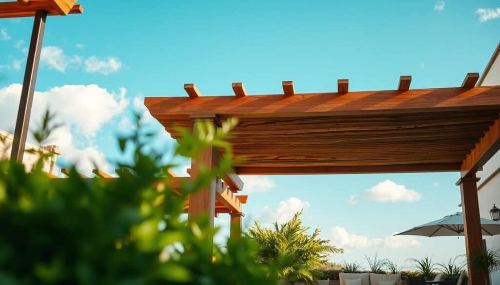 An inviting outdoor space featuring beautifully crafted overhead wooden structures, such as pergolas and awnings, intricately detailed with natural textures. In the foreground, lush greenery surrounds a cozy seating area with elegant furniture, inviting relaxation. The middle ground showcases the wooden structures casting soft, dappled shadows on the ground, highlighting the craftsmanship and natural hues of the wood. In the background, a clear blue sky with gentle white clouds allows bright natural light to filter through. The scene is bathed in warm, soft sunlight, creating an airy, peaceful atmosphere, ideal for a serene outdoor retreat. The composition is shot from a slightly elevated angle, capturing the depth and layered beauty of the space.