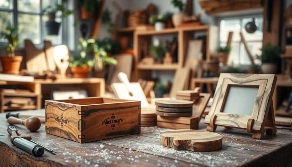 An inviting workspace filled with handmade wooden gifts, featuring a beautifully crafted wooden box with intricate carvings, a set of elegant coasters, and a charming picture frame, all made from various types of rich, natural wood. In the foreground, the items are displayed on a rustic wooden table adorned with small tools and sawdust, suggesting recent handiwork. The middle ground shows a soft-focus background of potted plants and shelves lined with additional woodworking projects, enhancing the artisan atmosphere. Bright, soft sunlight filters through a nearby window, casting gentle shadows and creating an airy, warm ambiance. The shot is taken from a slightly elevated angle, focusing on the craftsmanship and inviting charm of these DIY creations. The overall mood is one of inspiration and creativity, perfect for celebrating the joy of handmade gifts.
